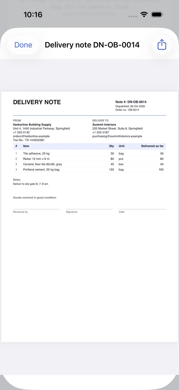 Phone preview of delivery note DN-OB-0014 on a partly delivered order, with a Delivered so far column showing 30 of 30 tile adhesive, 80 of 80 rebar, 40 of 45 boxes of tile and 100 of 120 bags of cement.