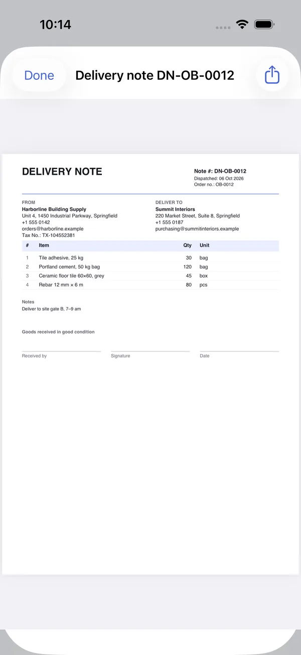 Phone preview of delivery note DN-OB-0012 from Harborline Building Supply to Summit Interiors, listing tile adhesive, Portland cement, ceramic floor tile and rebar with quantities and units, a note to deliver to site gate B, and Received by, Signature and Date lines.