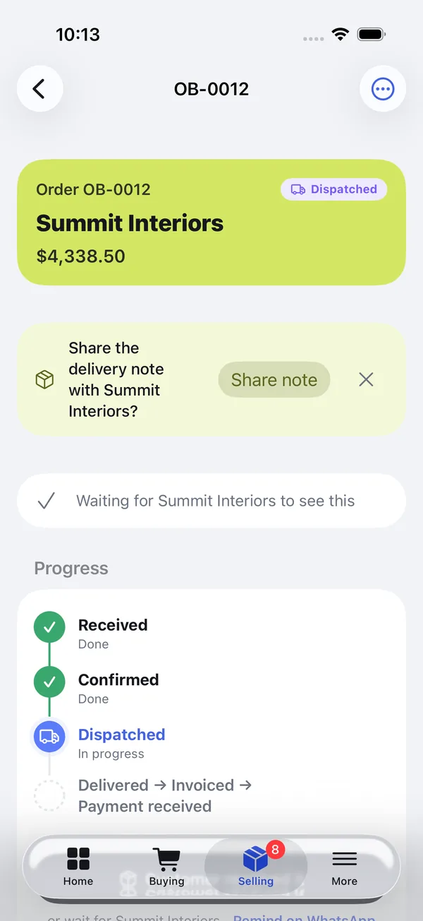 Phone screen showing order OB-0012 for Summit Interiors marked Dispatched, with a banner asking 'Share the delivery note with Summit Interiors?' and a Share note button.