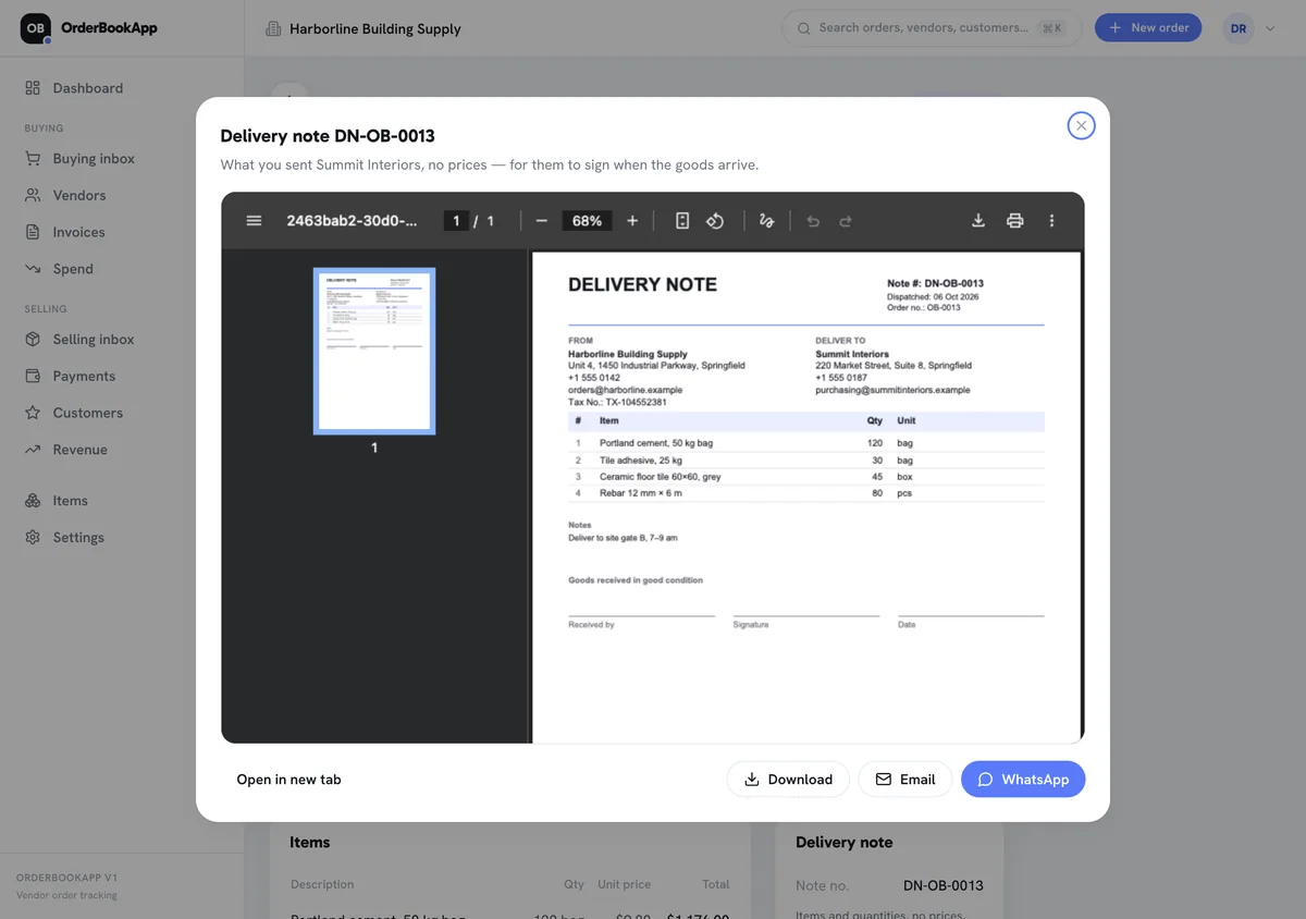 Desktop browser showing a delivery note DN-OB-0013 preview dialog with the PDF in the middle and Download, Email and WhatsApp buttons below it.