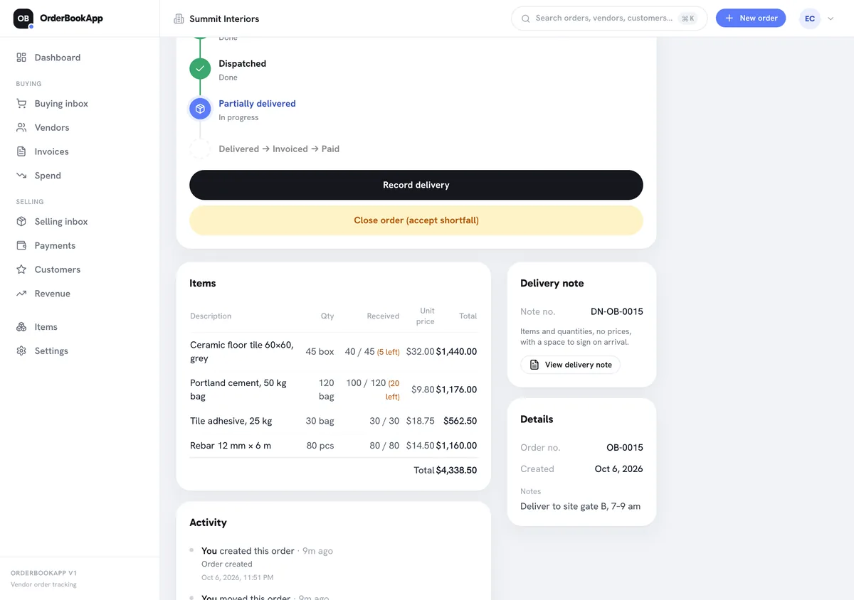 Order page showing the status Partially delivered, a Record delivery button, a Close order (accept shortfall) button, and an items table with received against ordered: 40 of 45 tile boxes with 5 left and 100 of 120 cement bags with 20 left