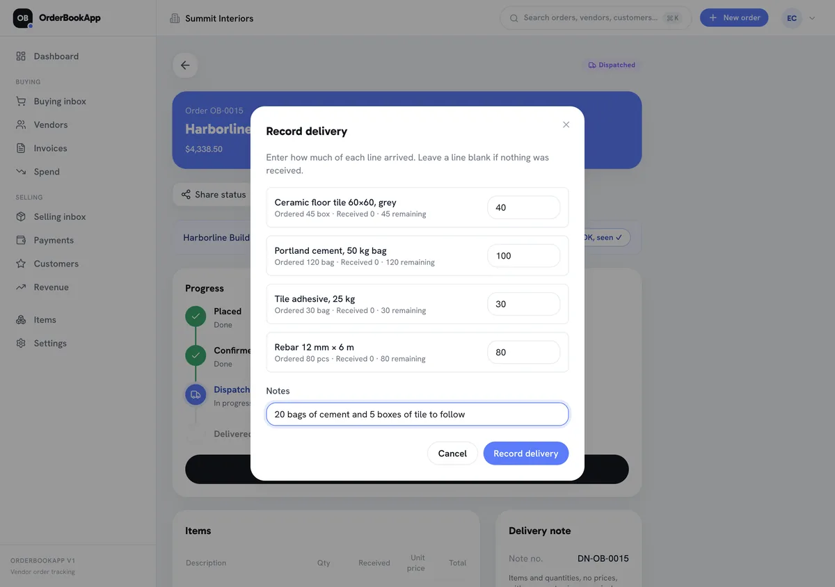 Record delivery dialog listing four order lines with ordered, received and remaining quantities, with 40 tile boxes, 100 cement bags, 30 adhesive bags and 80 rebar pieces entered and a note that 20 bags of cement and 5 boxes of tile will follow