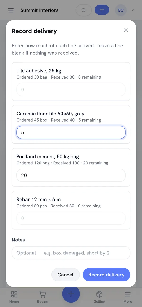 Record delivery dialog on a phone for the second load: adhesive and rebar lines show 0 remaining and are greyed out, while tiles show 5 remaining with 5 entered and cement shows 20 remaining with 20 entered