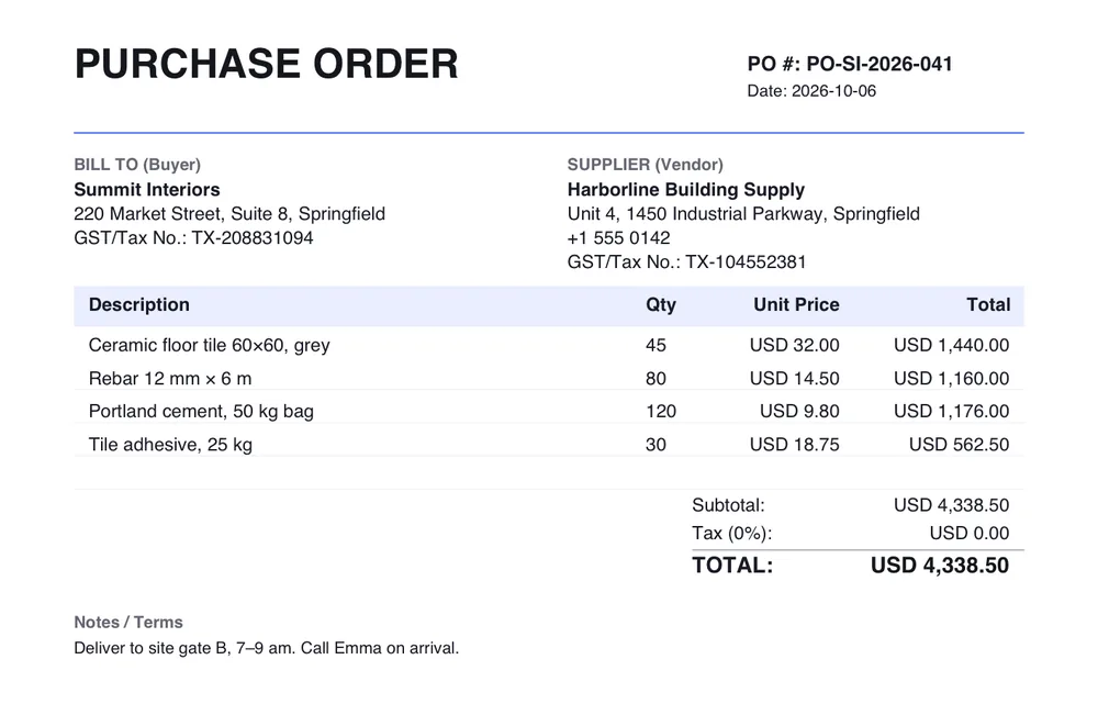 A purchase order PDF from Summit Interiors to Harborline Building Supply with PO number, both tax numbers, four item lines, tax and total, and delivery notes