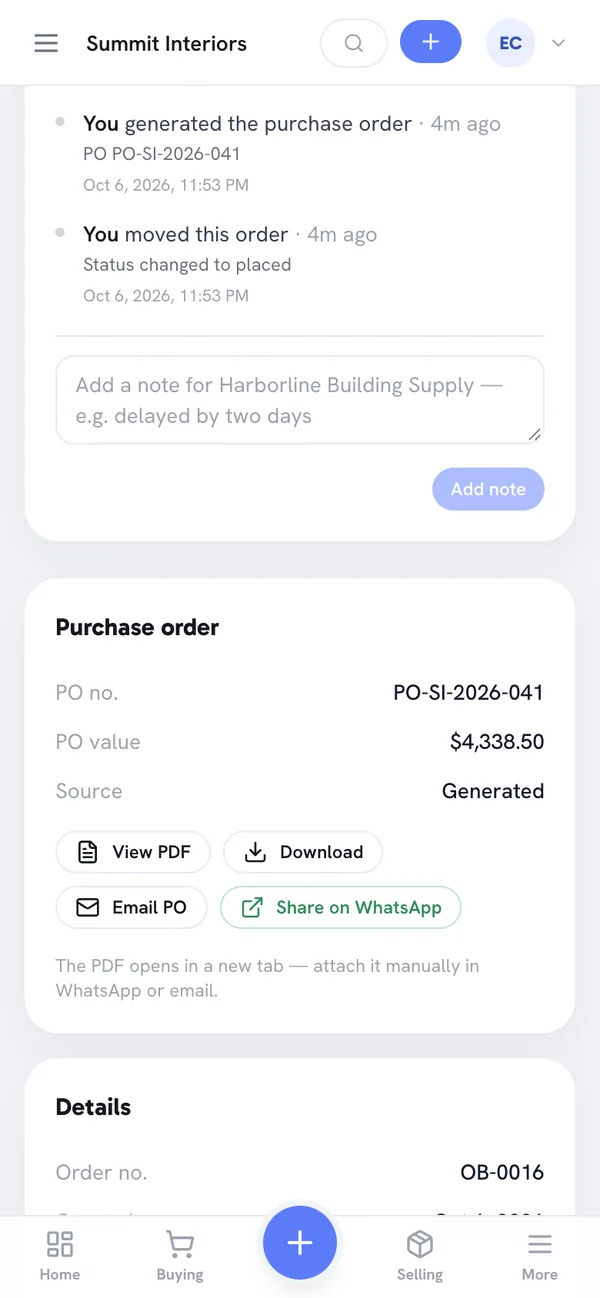 Phone screen of an order showing the purchase order card with PO number, value, and buttons for View PDF, Download, Email PO and Share on WhatsApp