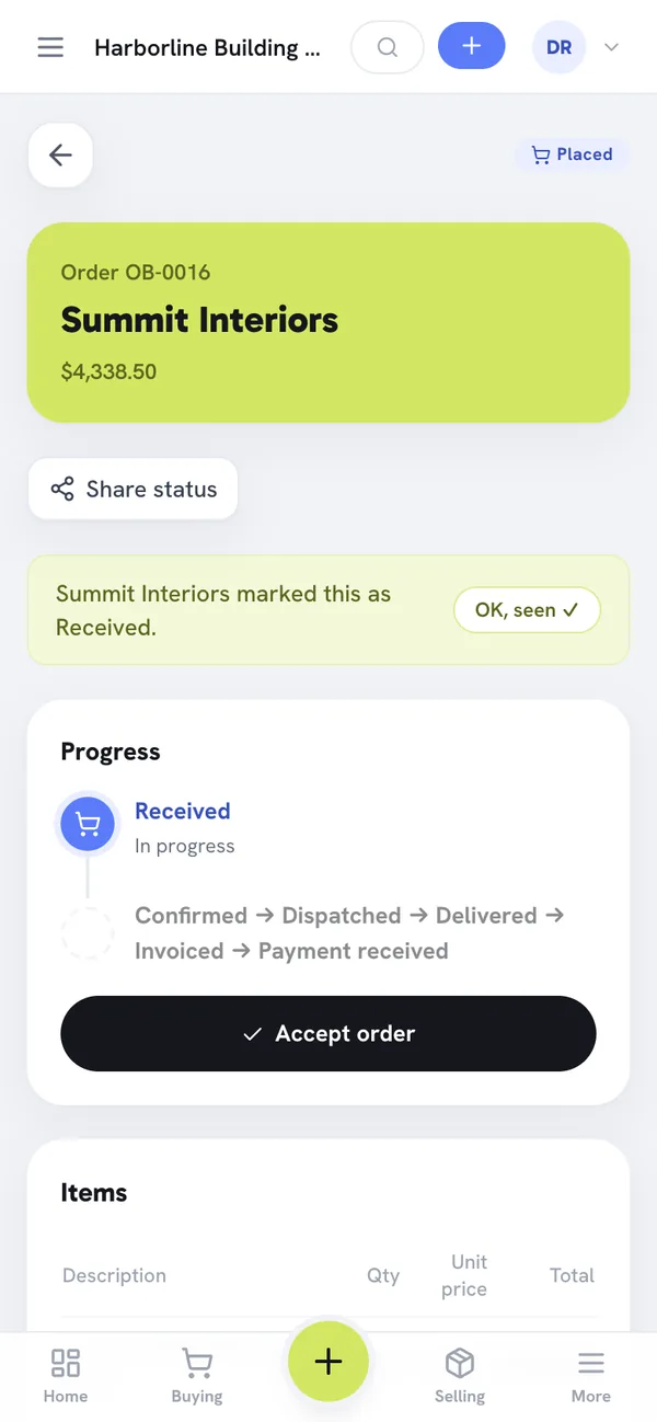 Phone screen of the supplier’s view of an order from Summit Interiors with its progress steps and an Accept order button