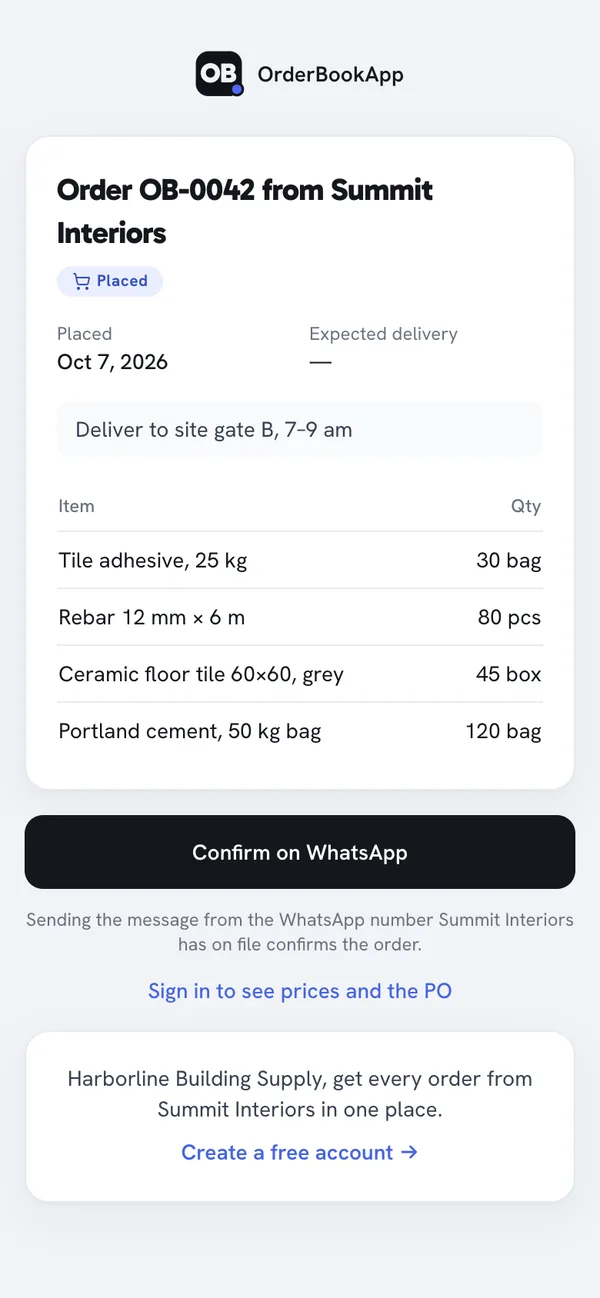 Phone screen of a shared order link from Summit Interiors listing four items and quantities, with a Confirm on WhatsApp button