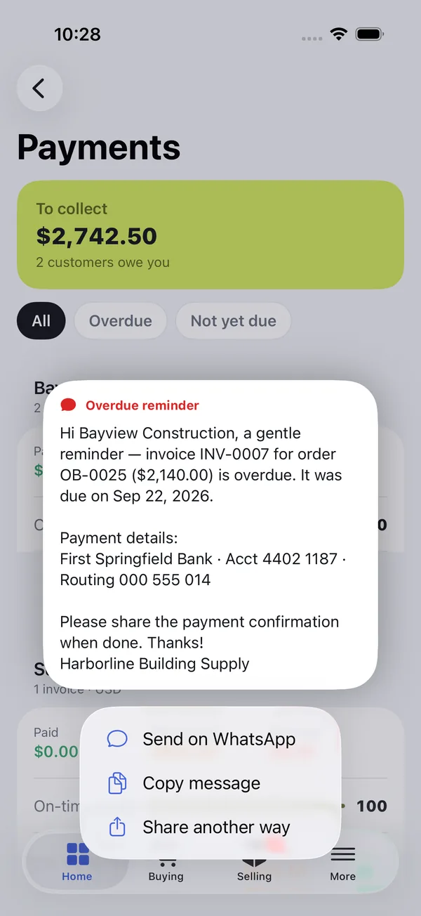 iPhone app showing an overdue reminder message above three options: Send on WhatsApp, Copy message and Share another way