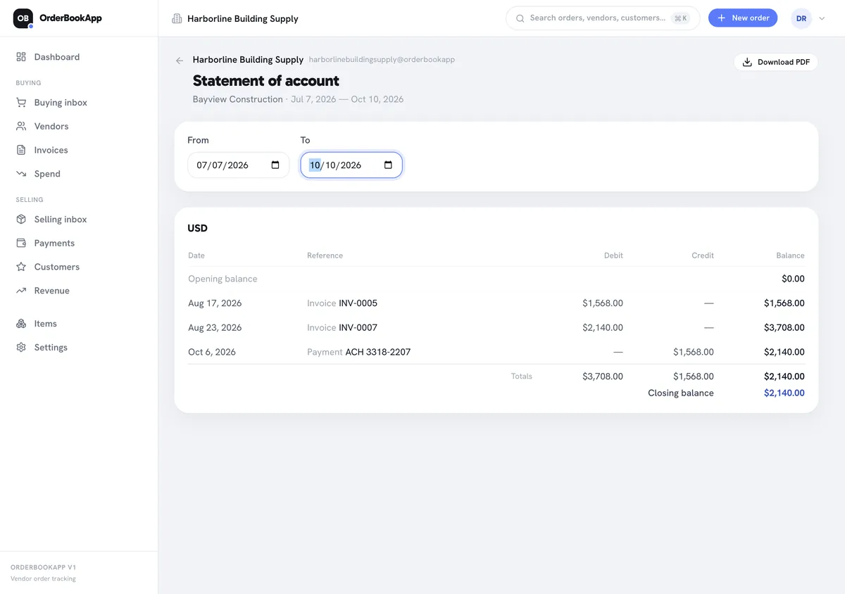 Statement of account screen for customer Bayview Construction, with From and To date fields and a USD table showing an opening balance of $0.00, two invoices, one payment and a closing balance of $2,140.00