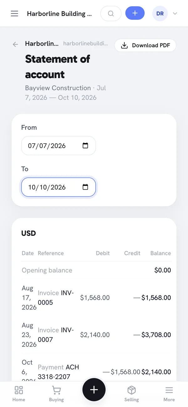 The same statement of account on a phone, showing the date range fields, the Download PDF button and the USD transaction table