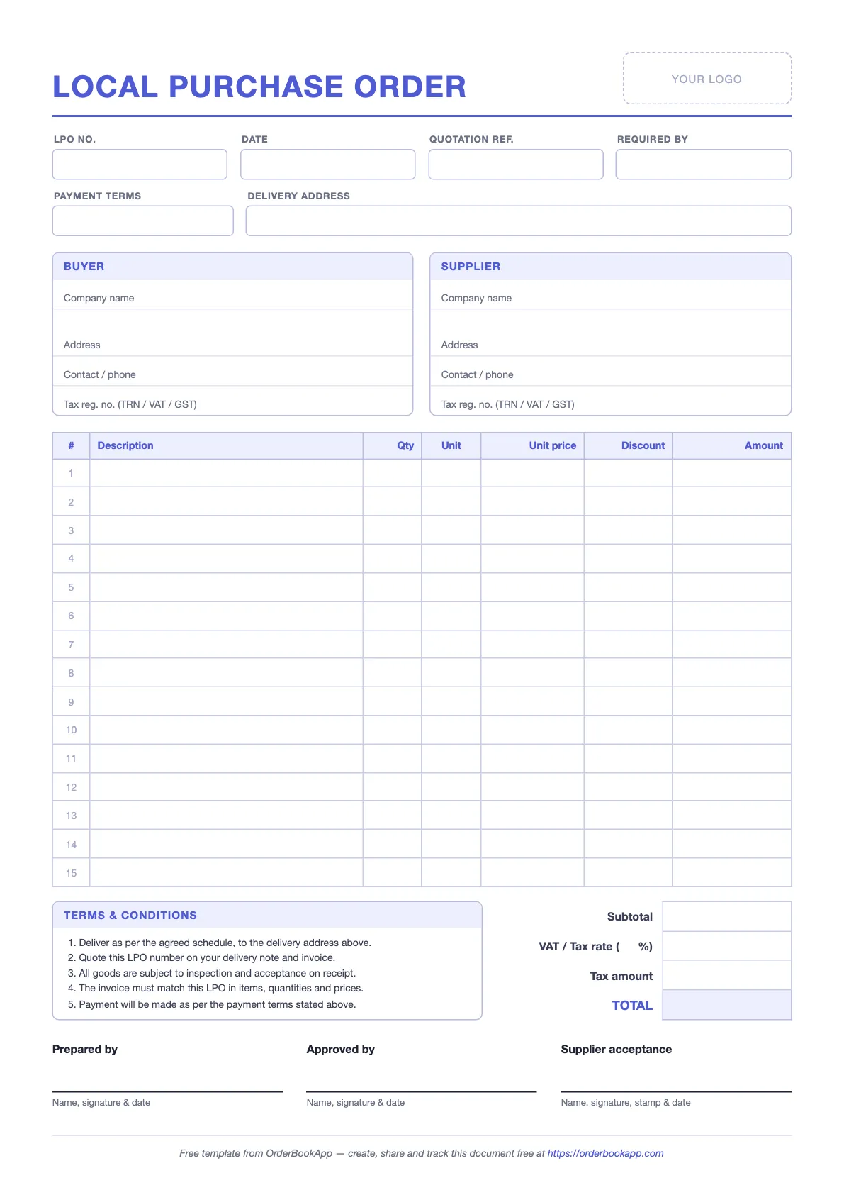 A blank local purchase order form with buyer and supplier blocks, item lines, VAT and total, and signature boxes